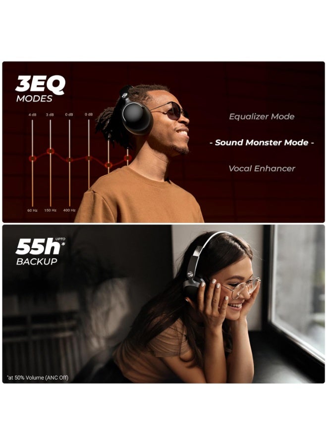 ZEBRONICS SILENCIO 111, Wireless Headphone, Hybrid ANC (50dB), 55*Hrs Backup, Transparency Mode, 40mm Titanium Drivers, 3 EQ Modes, ENC, Gaming Mode, Dual Pairing, Rapid Charge, Bluetooth v5.4 (Black) - Image 4